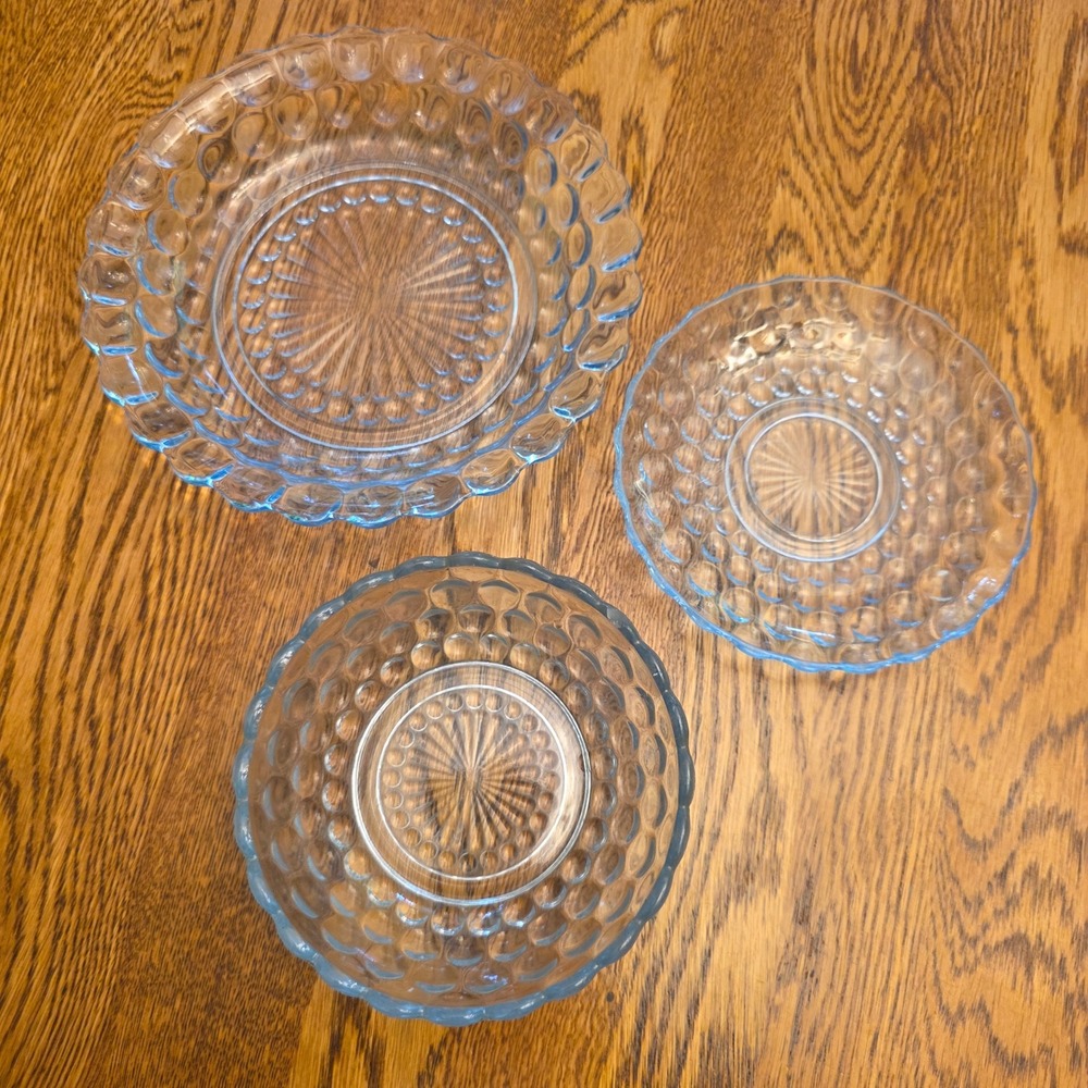 3pc Anchor Hocking Bubble Light Blue Glass Set Plate Side Plate Bowl Vintage MCM